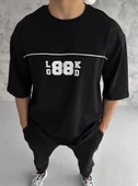 Unisex Bisiklet Yaka Baskılı Oversize T-Shirt - Siyah thumbnail 2
