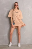 Unisex Bisiklet Yaka Baskılı Oversize T-Shirt - Bej thumbnail 4