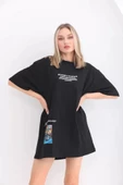 Unisex Bisiklet Yaka Baskılı Oversize T-Shirt - Siyah thumbnail 3