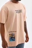 Unisex Bisiklet Yaka Baskılı Oversize T-Shirt - Bej thumbnail 2