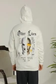 Erkek Sırt Baskılı Oversize Üç İplik Kapüşonlu Sweatshirt - Beyaz thumbnail 1