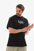 Unisex Bisiklet Yaka Baskılı Oversize T-Shirt - Siyah thumbnail 2