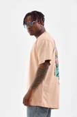 Unisex Bisiklet Yaka Baskılı Oversize T-Shirt - Bej thumbnail 3