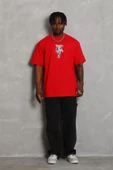 Unisex Oversize Baskılı Bisiklet Yaka T-Shirt - Kırmızı thumbnail 3