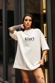 Unisex Bisiklet Yaka Baskılı Oversize T-Shirt - Beyaz thumbnail 1