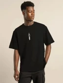 Unisex Bisiklet Yaka Baskılı Oversize T-Shirt - Siyah thumbnail 1