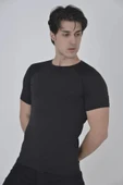 Erkek Omuz Fileli Slim Fit T-shirt - Siyah thumbnail 2