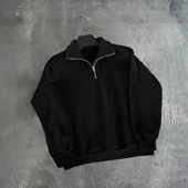 Erkek Yarım Fermuarlı Üç İplik Sweatshirt - Siyah - 2