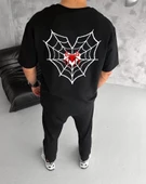 Unisex Bisiklet Yaka Baskılı Oversize T-Shirt - Siyah thumbnail 2