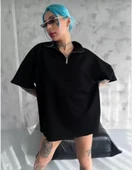 Unisex Yarım Fermuarlı Düz Oversize T-Shirt - Siyah thumbnail 1