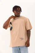 Unisex Oversize Baskılı Bisiklet Yaka T-Shirt - Bej thumbnail 2