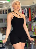 Kadın Asimetrik Askılı Mini Kaşkorse Bodycon Tulum thumbnail 5