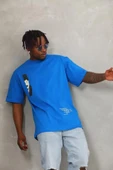 Unisex Oversize Baskılı Bisiklet Yaka T-Shirt - Mavi thumbnail 2