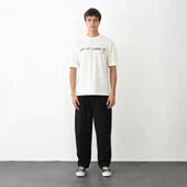 Unisex Bisiklet Yaka Baskılı Oversize T-Shirt - Beyaz thumbnail 1