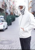 Samuray Kapşonlu ZIP Fermuarlı Çift Kapşonlu Nakışlı SweatShirt- Beyaz thumbnail 1