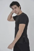 Erkek Yandan Fermuarli Slim Fit T-shirt - Siyah thumbnail 1