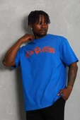 Unisex Oversize Baskılı Bisiklet Yaka T-Shirt - Mavi thumbnail 1