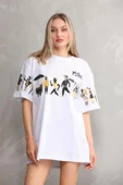 Unisex Bisiklet Yaka Baskılı Oversize T-Shirt - Beyaz thumbnail 1