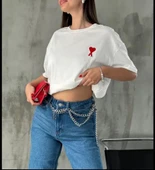 Unisex Bisiklet Yaka Baskılı Oversize T-Shirt - Beyaz thumbnail 2