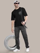 Erkek Baskılı Oversize T-shirt - Siyah thumbnail 4