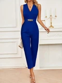 Kadın Sıfır Kollu Kruvaze Detaylı Ithal Krep Tulum thumbnail 3