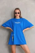 Unisex Bisiklet Yaka Baskılı Oversize T-Shirt - Mavi thumbnail 3