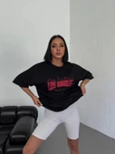 Unisex Bisiklet Yaka Baskılı Oversize T-Shirt - Siyah thumbnail 3