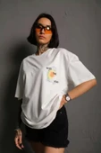 Unisex Bisiklet Yaka Baskılı Oversize T-Shirt - Beyaz thumbnail 1