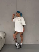 Unisex Bisiklet Yaka Baskılı Oversize T-Shirt - Beyaz thumbnail 1