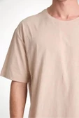 Unisex Düz Biskilet Yaka Oversize T-shirt - Bej thumbnail 3