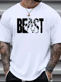 Baskılı Oversize Bisiklet Yaka T-shirt - Beyaz - 1
