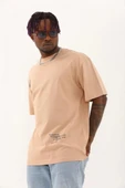 Unisex Oversize Baskılı Bisiklet Yaka T-Shirt - Bej thumbnail 1