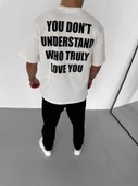 Unisex Bisiklet Yaka Baskılı Oversize T-Shirt - Beyaz thumbnail 3
