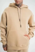 Unisex Double Oversize Kapşonlu Basic SweatShirt - Bej thumbnail 1