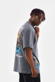 Unisex Bisiklet Yaka Baskılı Oversize T-Shirt - Gri thumbnail 4