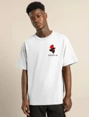 Unisex Bisiklet Yaka Baskılı Oversize T-Shirt - Beyaz - 1