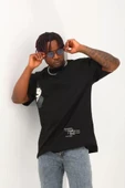 Unisex Oversize Baskılı Bisiklet Yaka T-Shirt - Siyah thumbnail 3