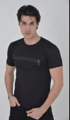 Erkek Göğüste Fermuar Aksesuarlı Dar Kalıp T-Shirt - Siyah - 1