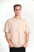 Unisex Düz Biskilet Yaka Oversize T-shirt - Bej thumbnail 1
