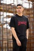 Unisex Bisiklet Yaka Baskılı Oversize T-Shirt - Siyah - 4