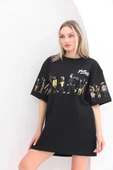 Unisex Bisiklet Yaka Baskılı Oversize T-Shirt - Siyah thumbnail 4