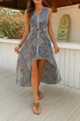 Kadın Kolsuz V Yakalı Desenli Süprem Tulum Elbise thumbnail 3