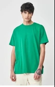 Unisex Düz Biskilet Yaka Oversize T-shirt - Yeşil thumbnail 3
