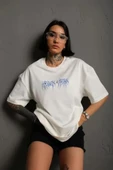 Unisex Bisiklet Yaka Baskılı Oversize T-Shirt - Beyaz thumbnail 1