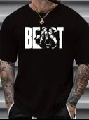 Baskılı Oversize Bisiklet Yaka T-shirt - Siyah - 1