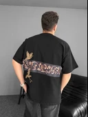 Ön Ve Arka Baskılı Oversize Bisiklet Yaka T-shirt - Siyah thumbnail 1