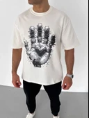 Unisex Bisiklet Yaka Baskılı Oversize T-Shirt - Beyaz thumbnail 2