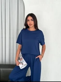 Osy Modal Yumuşak Dokulu Kumaş Bisiklet Yaka T-shirt Bol Paça Pantalon Ikili Takım -Saks Mavi thumbnail 1