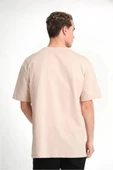 Unisex Düz Biskilet Yaka Oversize T-shirt - Bej thumbnail 2