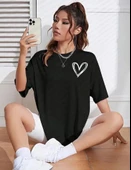 Bisiklet Yaka Baskılı Oversize T-Shirt - Siyah thumbnail 1